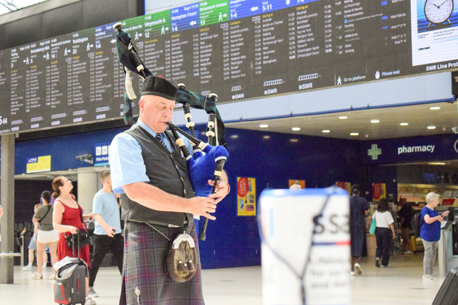 Adult, Male, Man, Person, Shorts, Bagpipe, Musical Instrument, Shoe, Screen, Monitor