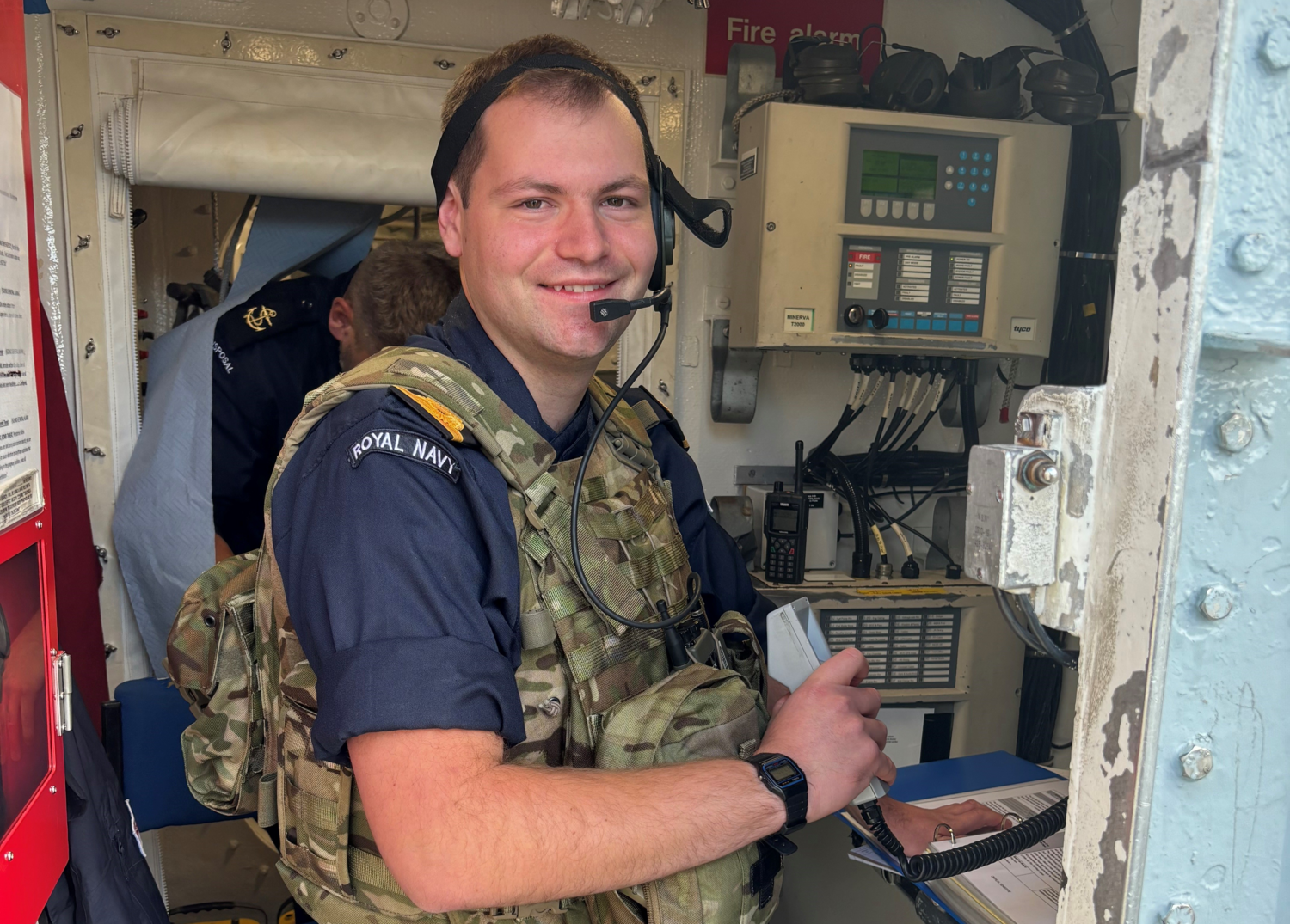 Adult, Male, Man, Person, Wristwatch, Microphone, Officer, Backpack, Military, Face