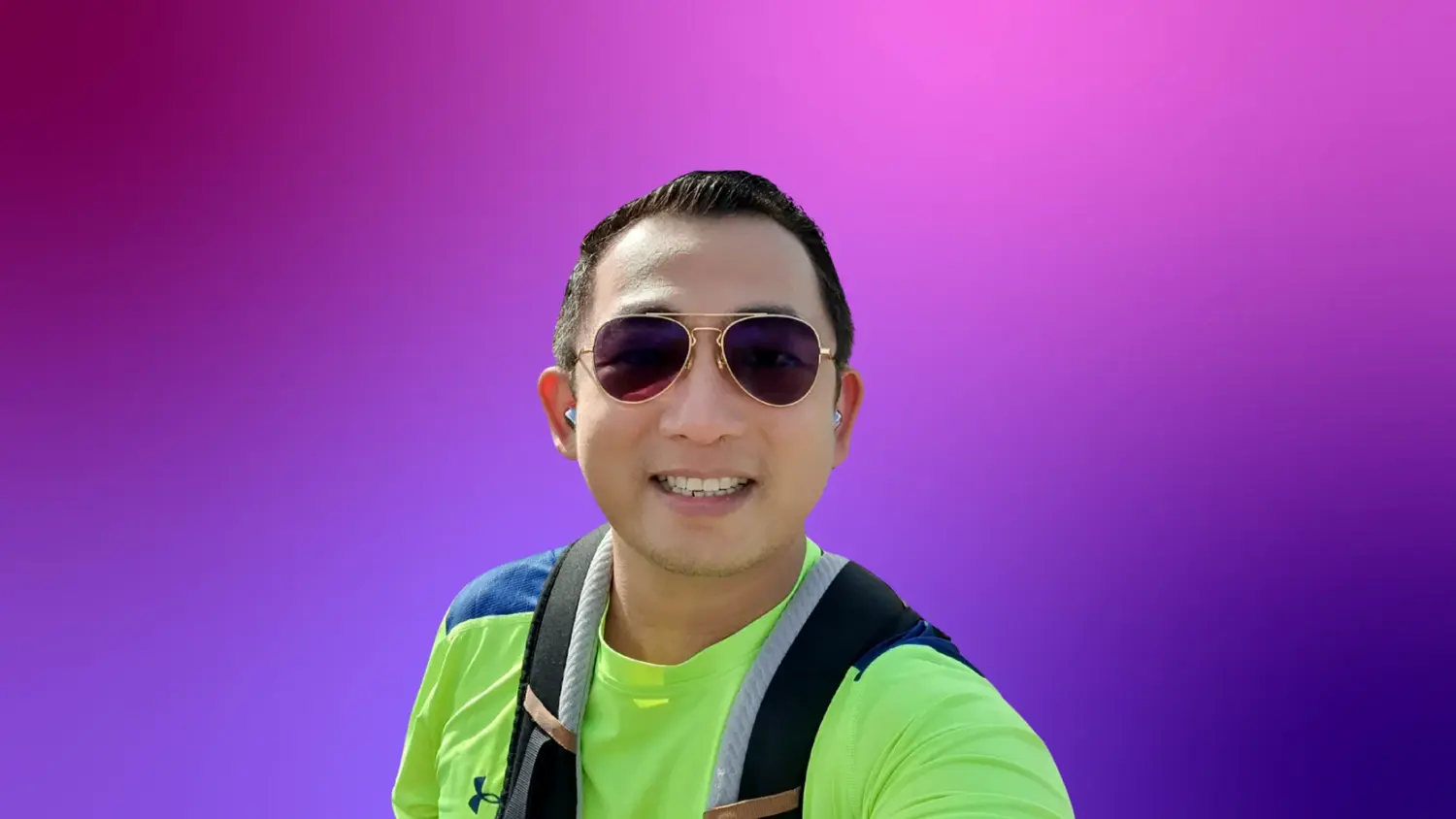 Accessories, Sunglasses, Photography, Face, Head, Portrait, Smile, Purple, Glasses, Earbuds