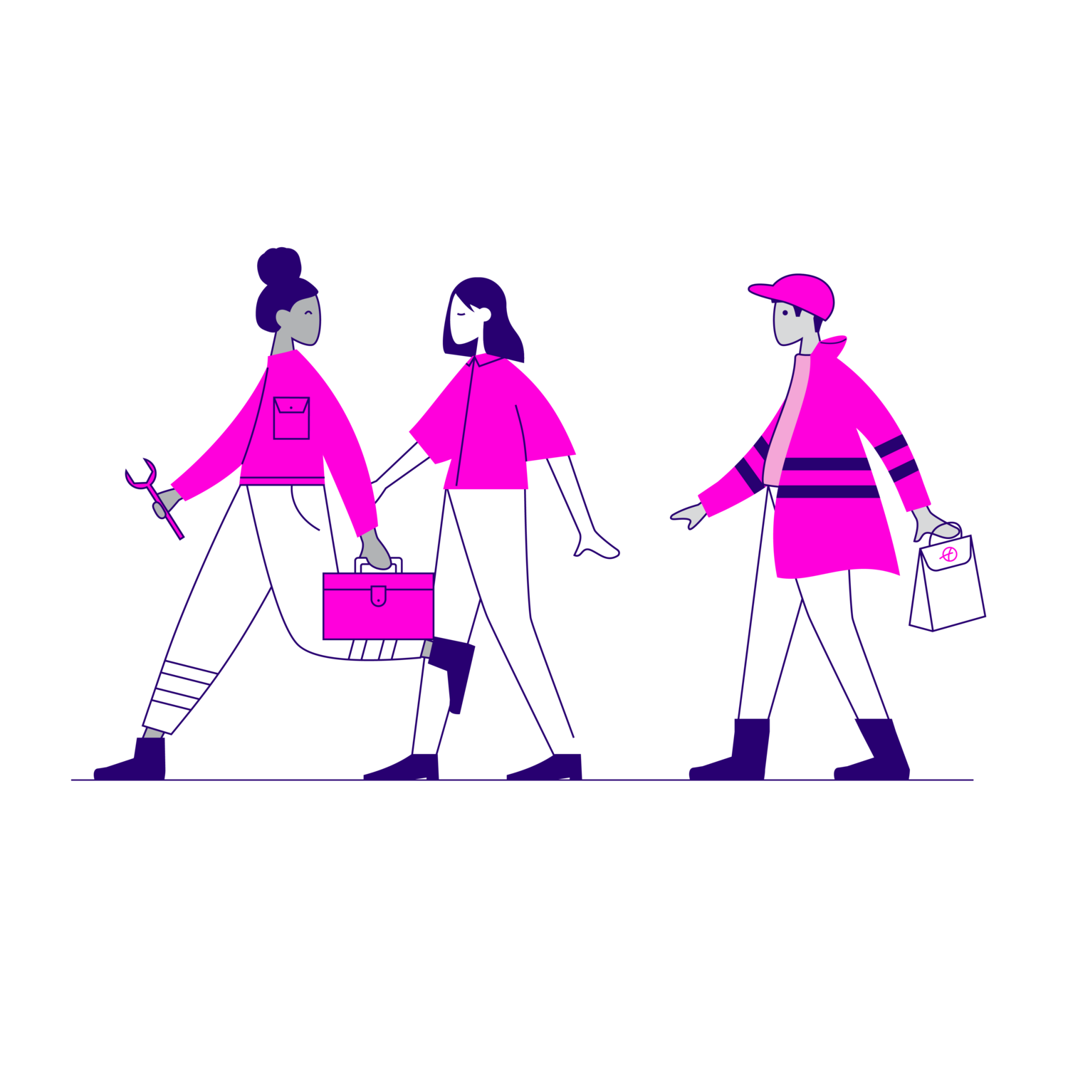 Adult, Female, Person, Woman, Walking, Purple, Bag, Handbag, Art, Drawing