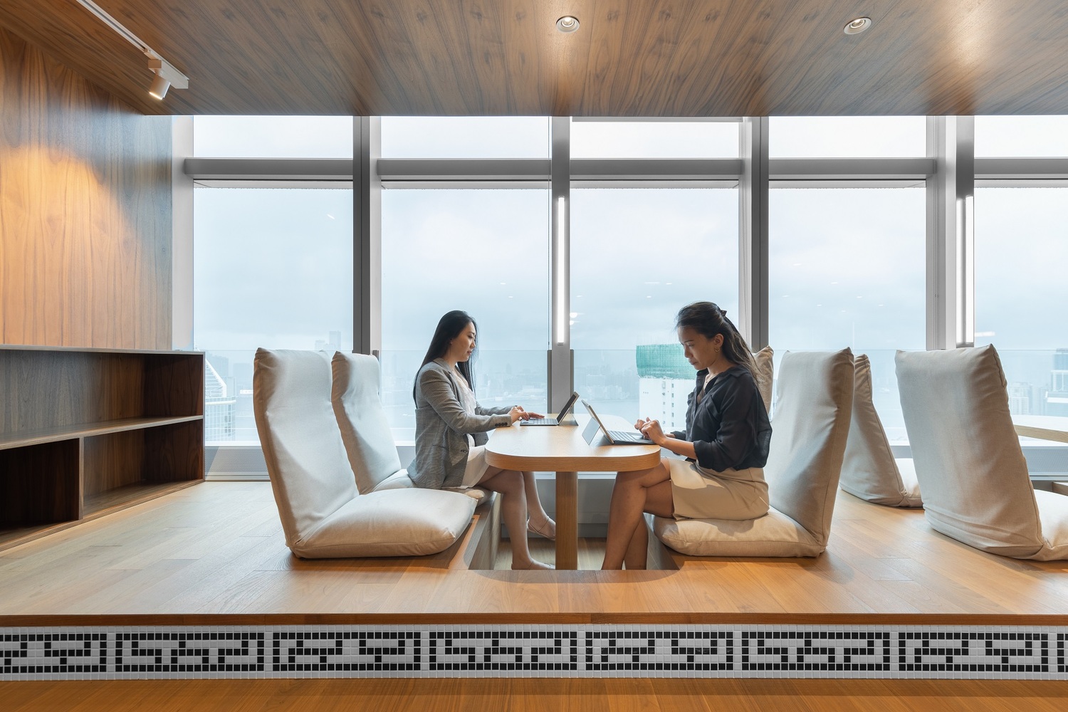 Interior Design, Indoors, Living Room, Person, Woman, Adult, Female, Table, Laptop, Wood