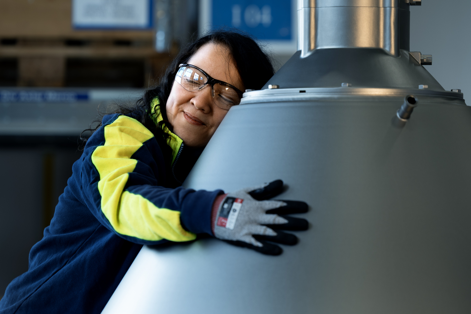 Finger, Person, Factory, Glove, Adult, Female, Woman, Glasses, Worker, Face