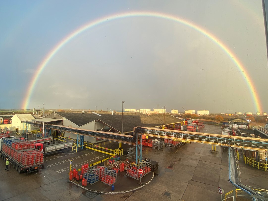Nature, Outdoors, Sky, Person, Terminal, Truck, Rainbow, Urban, Factory, City