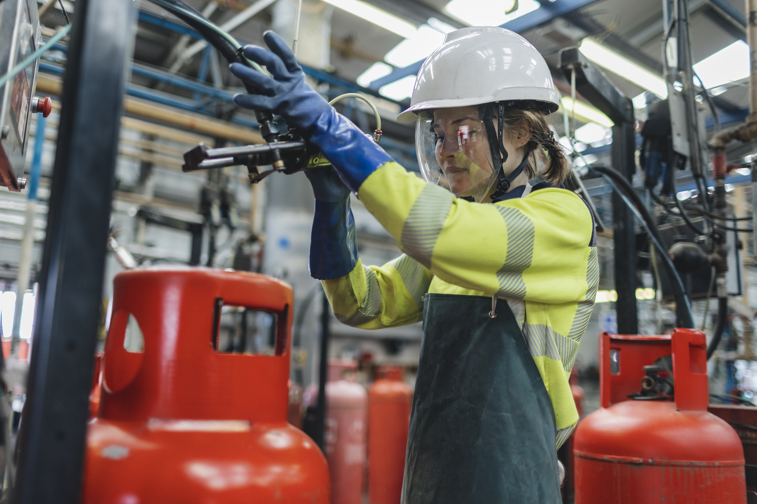 Person, Worker, Helmet, Glove, Adult, Female, Woman, Hardhat, Gun, Factory
