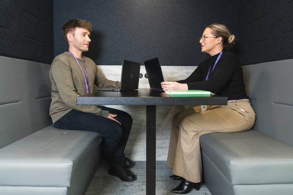 Table, Conversation, Person, Interview, Adult, Male, Man, Desk, Laptop, Shoe