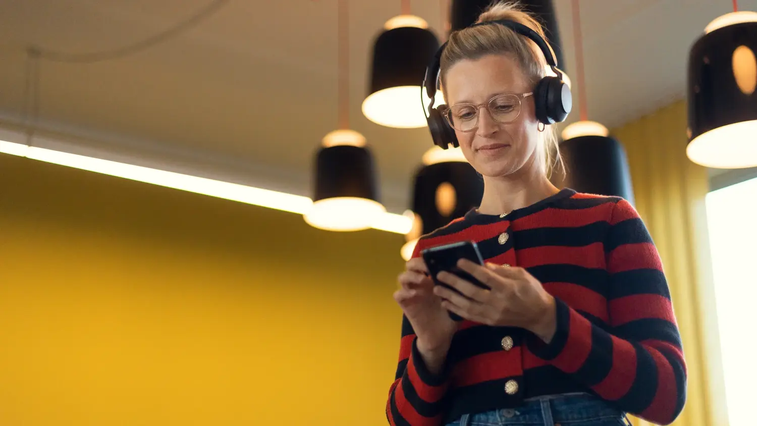 Photography, Adult, Female, Person, Woman, Headphones, Smile, Lamp, Mobile Phone, Glasses