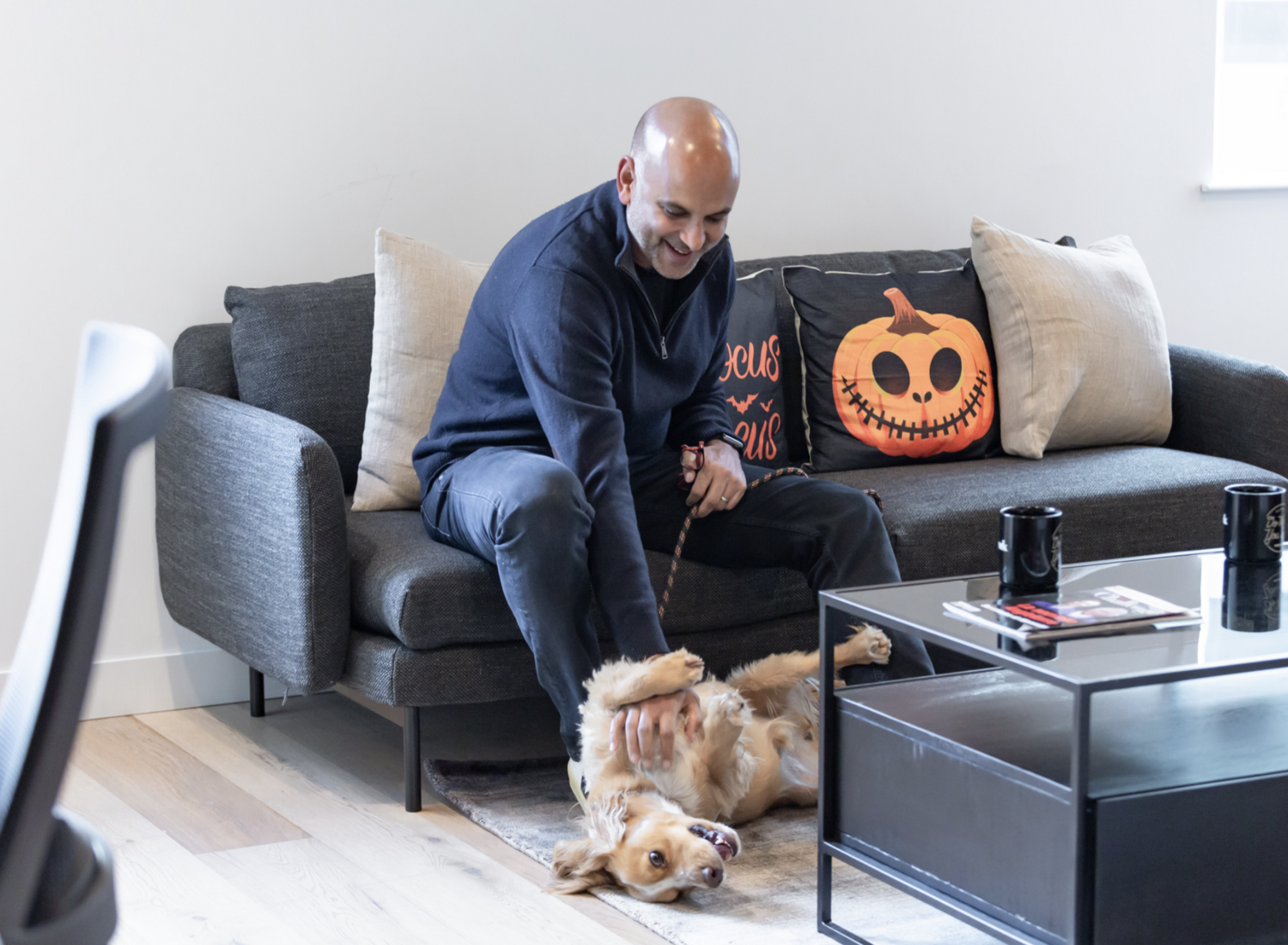 Couch, Furniture, Living Room, Adult, Male, Man, Person, Interior Design, Dog, Cushion