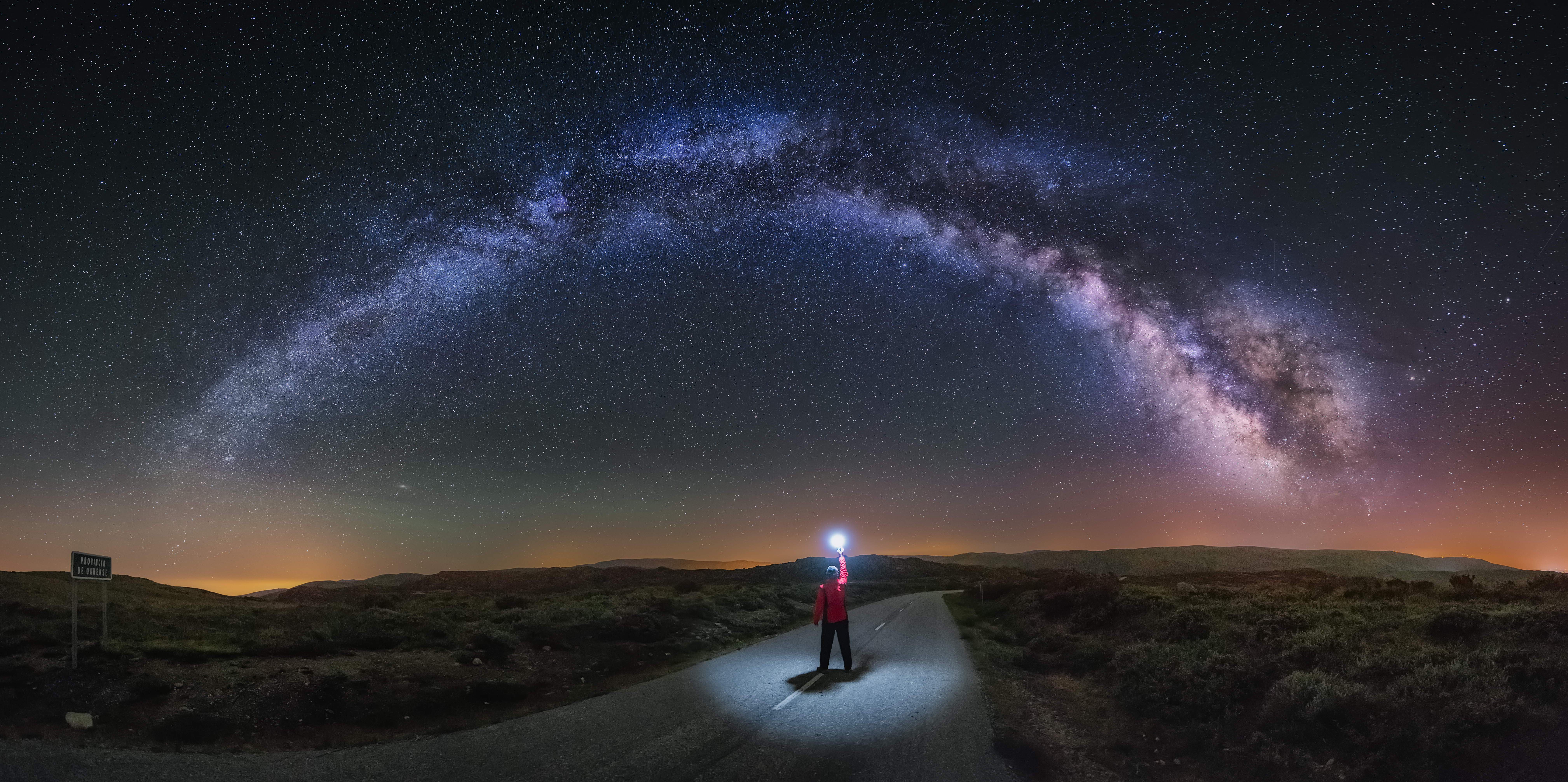 Nature, Night, Outdoors, Sky, Landscape, Person, Nebula, Scenery, Milky Way, Flare