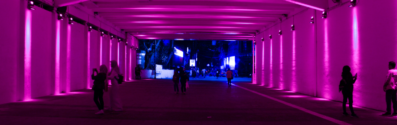 Lighting, Purple, Corridor, Indoors, Floor, Flooring, Light, Urban, Person, Stage