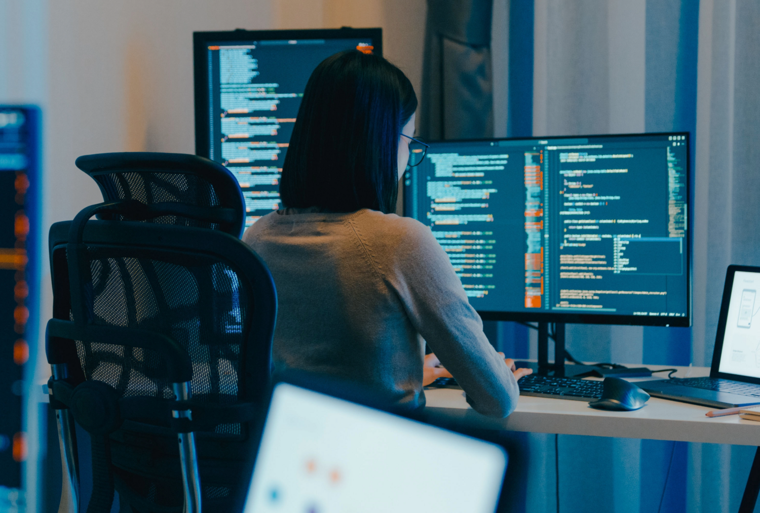 Furniture, Table, Computer Hardware, Monitor, Screen, Adult, Female, Person, Woman, Desk