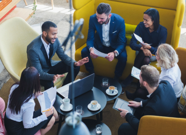 Adult, Female, Person, Woman, Conversation, Male, Man, Coffee Cup, Chair, Laptop