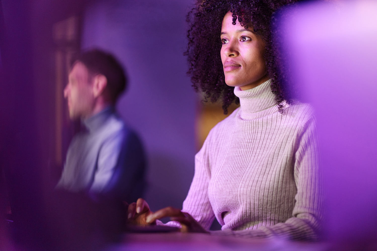 Knitwear, Sweater, Finger, Person, Adult, Female, Woman, Male, Man, Purple