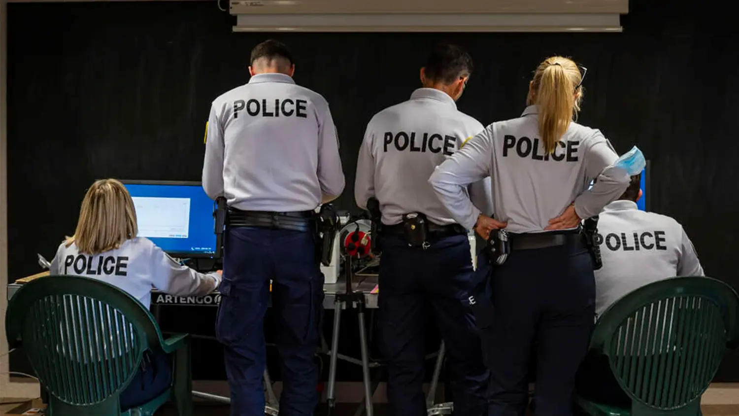 Adult, Female, Person, Woman, Male, Man, Police Officer, Arrest, Monitor, Screen