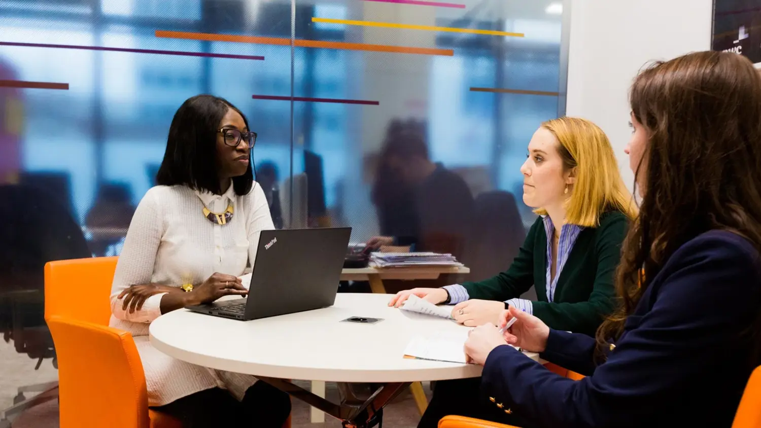 Adult, Female, Person, Woman, Conversation, Interview, Glasses, Laptop, Head, Face