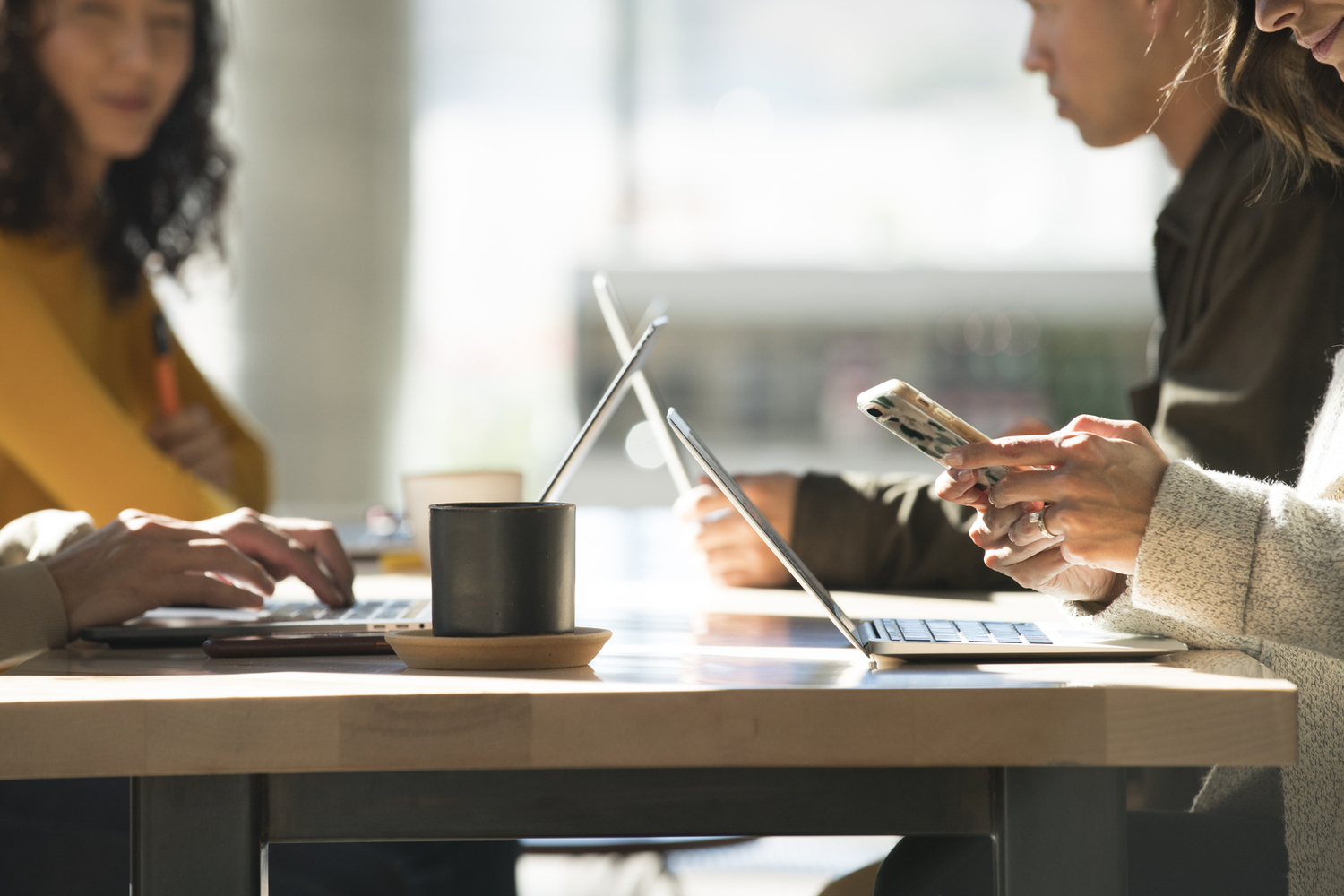 Table, Adult, Female, Person, Woman, Laptop, Desk, Face, Phone, Mobile Phone