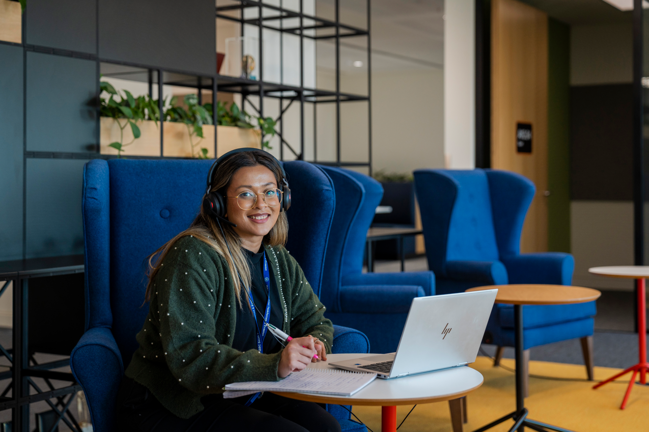 Adult, Female, Person, Woman, Headphones, Sitting, Face, Laptop, Glasses, Chair