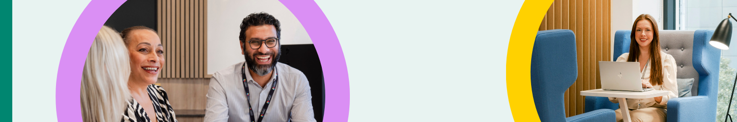 Two female colleagues sitting at a desk in an office space, chatting. Text: Permanent roles