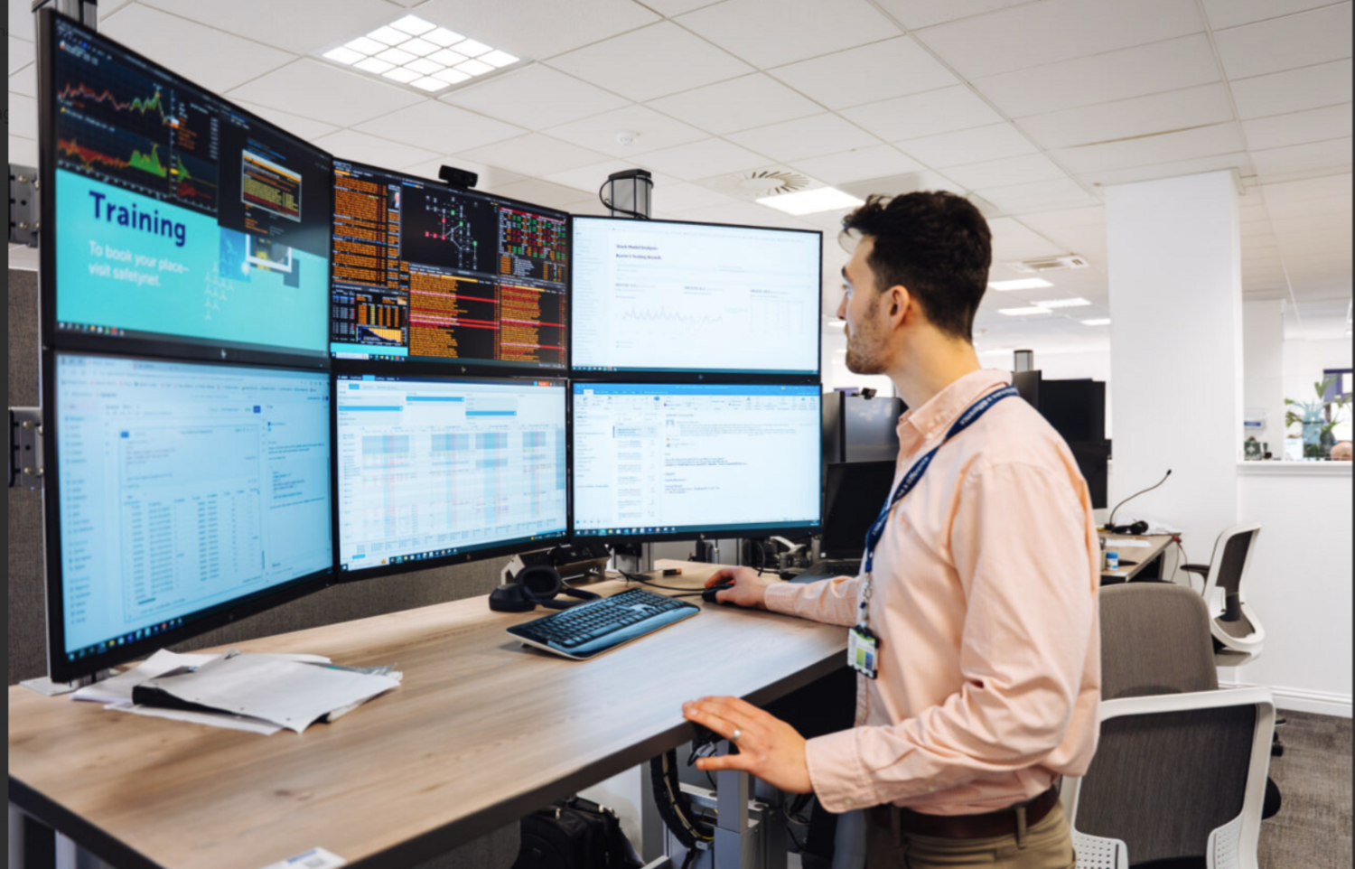 Furniture, Table, Desk, Computer Keyboard, Adult, Male, Man, Person, Face, Head