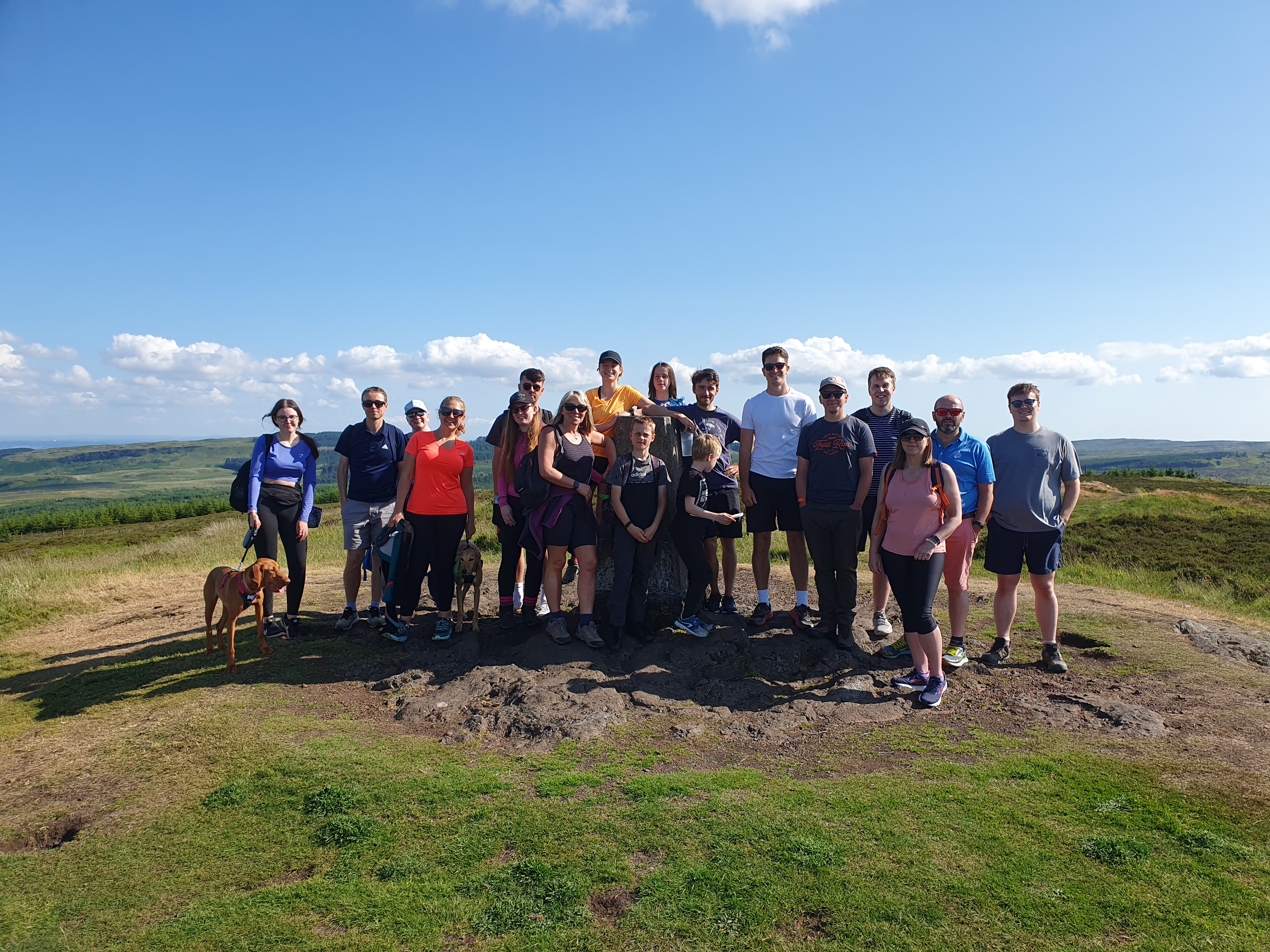 People, Person, Shoe, Hiking, Hat, Groupshot, Shorts, Dog, Glasses, Grass