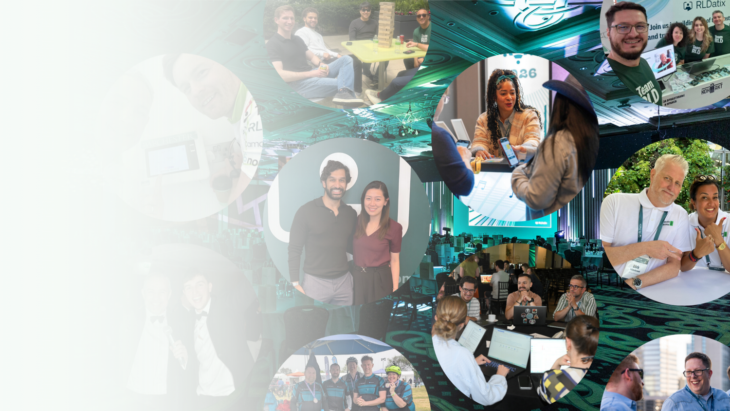 Circles with group photos of employees at different events.