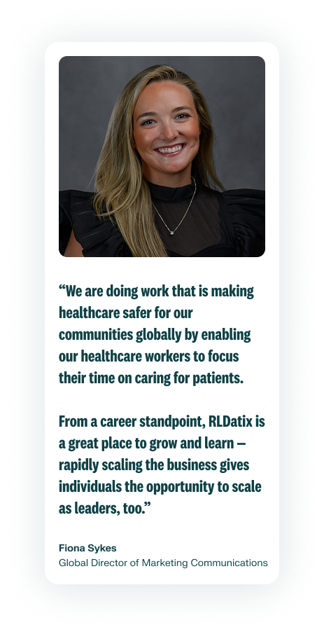A photo of an employee smiling in a black dress shirt with a silver necklace is on the right of their quote describing the marketing work and opportunity to grow at RLDatix. Fiona Sykes is the Global Director of Marketing Communications.
