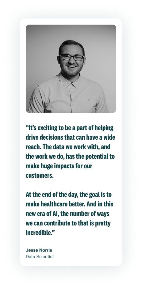 A photo of an employee smiling and wearing glasses. Their photo is b&w. Their quote describes AI and Analytics.