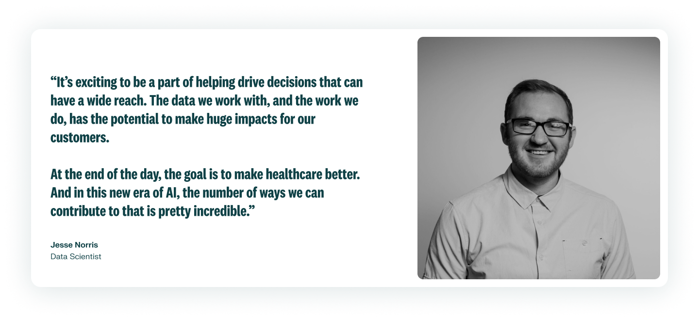 A photo of an employee smiling and wearing glasses. Their photo is b&w. Their quote describes AI and Analytics.