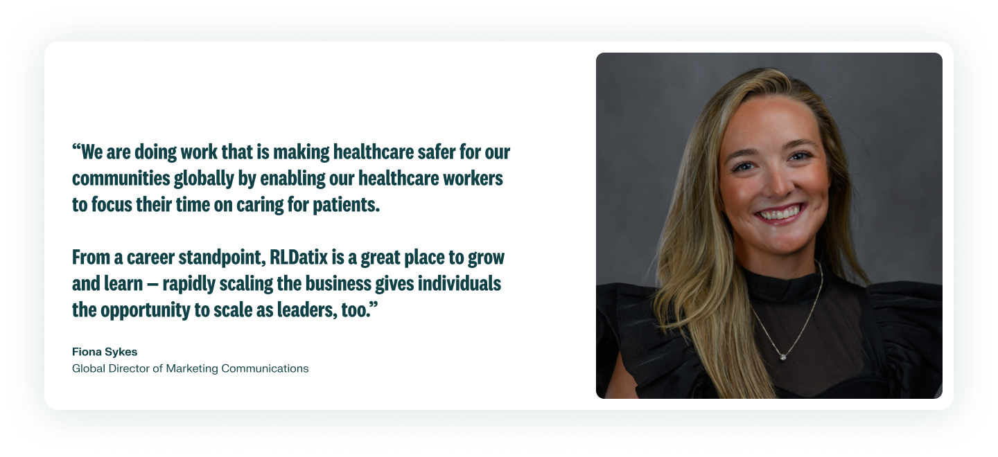 A photo of an employee smiling in a black dress shirt with a silver necklace is on the right of their quote describing the marketing work and opportunity to grow at RLDatix. Fiona Sykes is the Global Director of Marketing Communications.