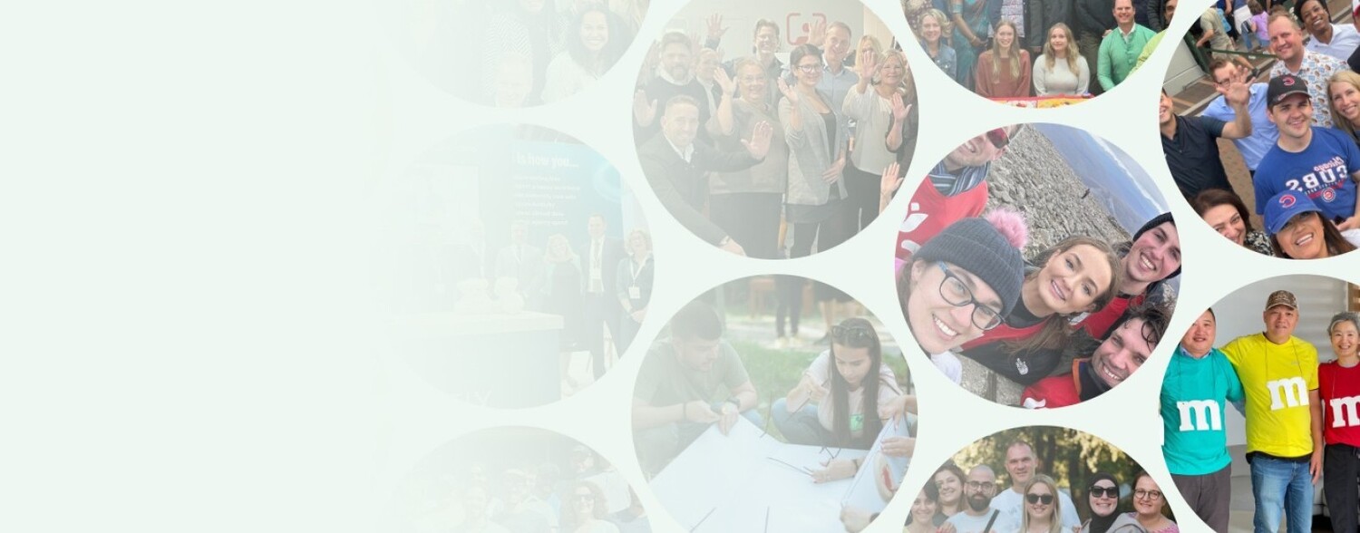 Circles with group photos of colleagues at events on a light mint green background.