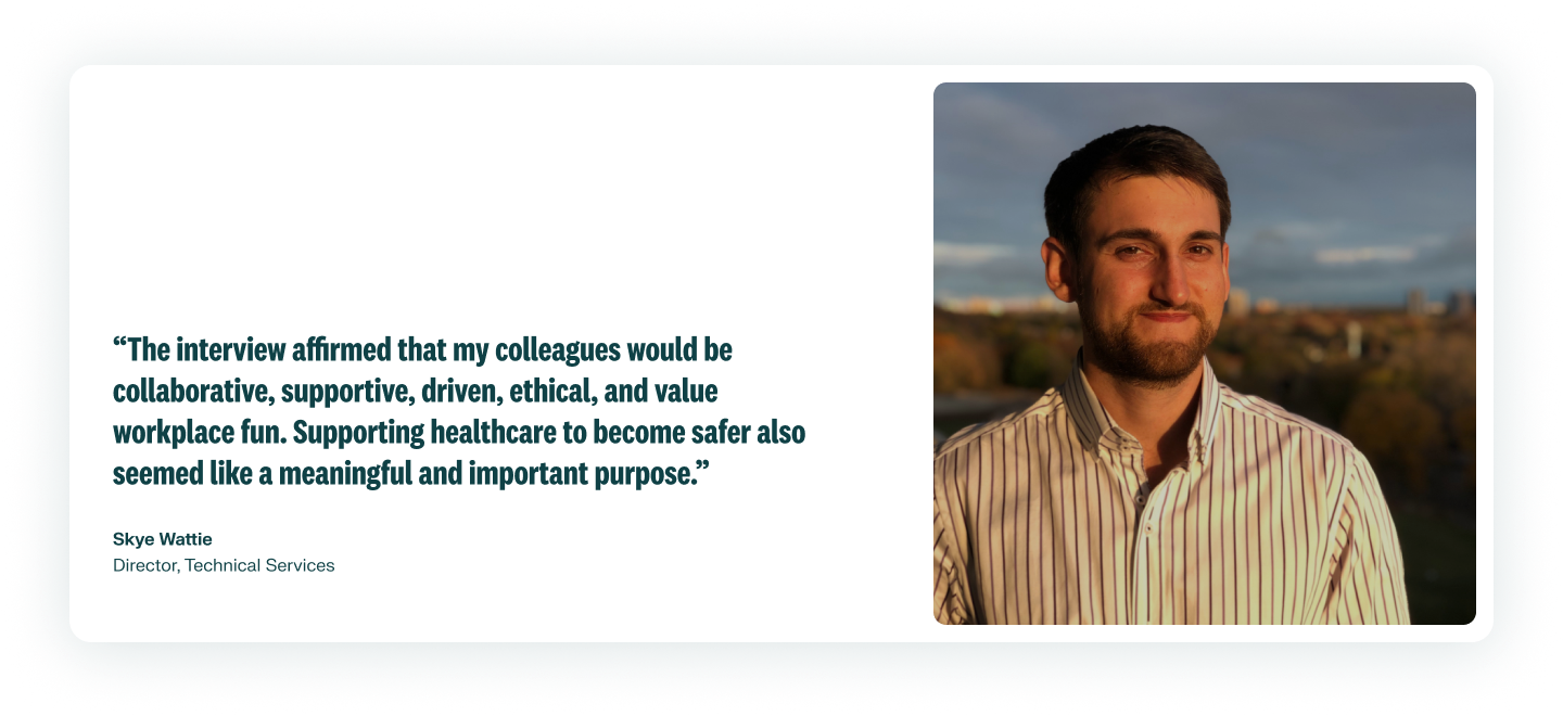 A photo of an employee smiling in a white striped long sleeve shirt is on the right of their quote describing the collaborative and fun company culture at RLDatix. Skye Wattie is the Director, Technical Services.