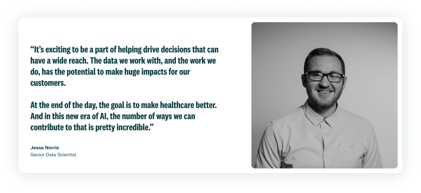 A photo of an employee smiling and wearing glasses. Their photo is b&w. Their quote describes AI and Analytics.