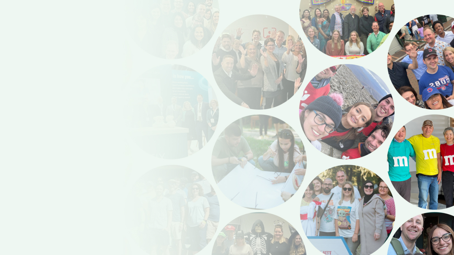 Circles with group photos of employees at different events.