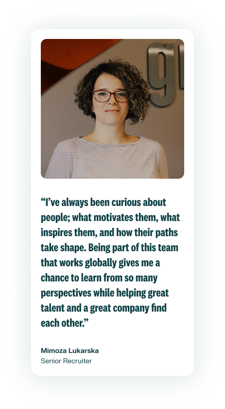 A photo of an employee smiling in a light grey top is above her quote describing the company culture at RLDatix. Mimoza Lukarska is a Senior Recruiter.