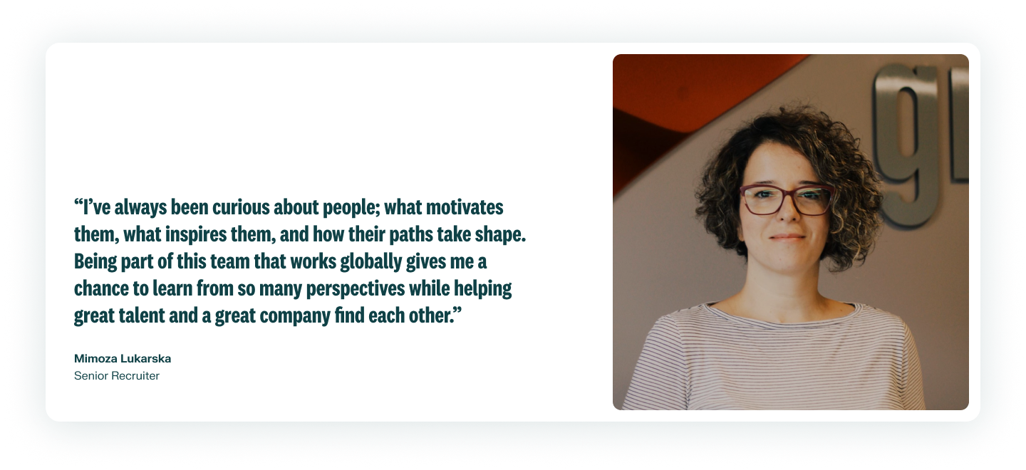 A photo of an employee smiling in a light grey top is on the right of her quote describing the company culture at RLDatix. Mimoza Lukarska is a Senior Recruiter.