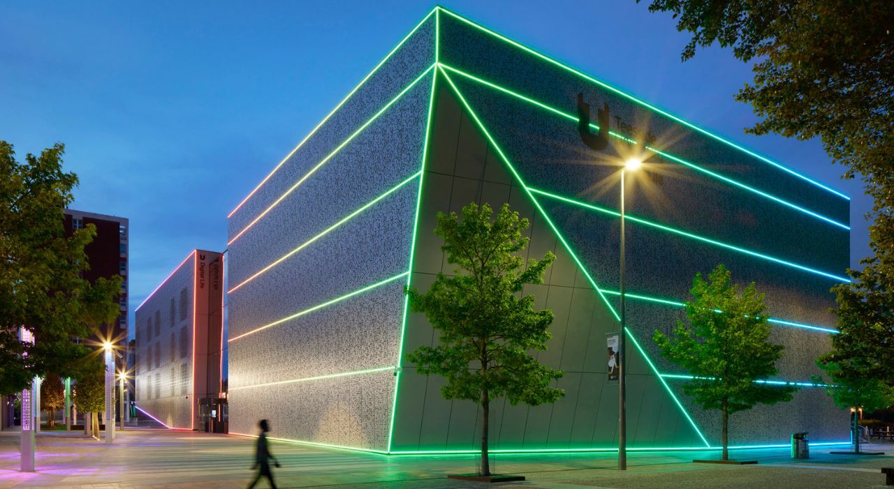 Building, Office Building, City, Light, Urban, Lighting, Street, Grass, Convention Center, Tree